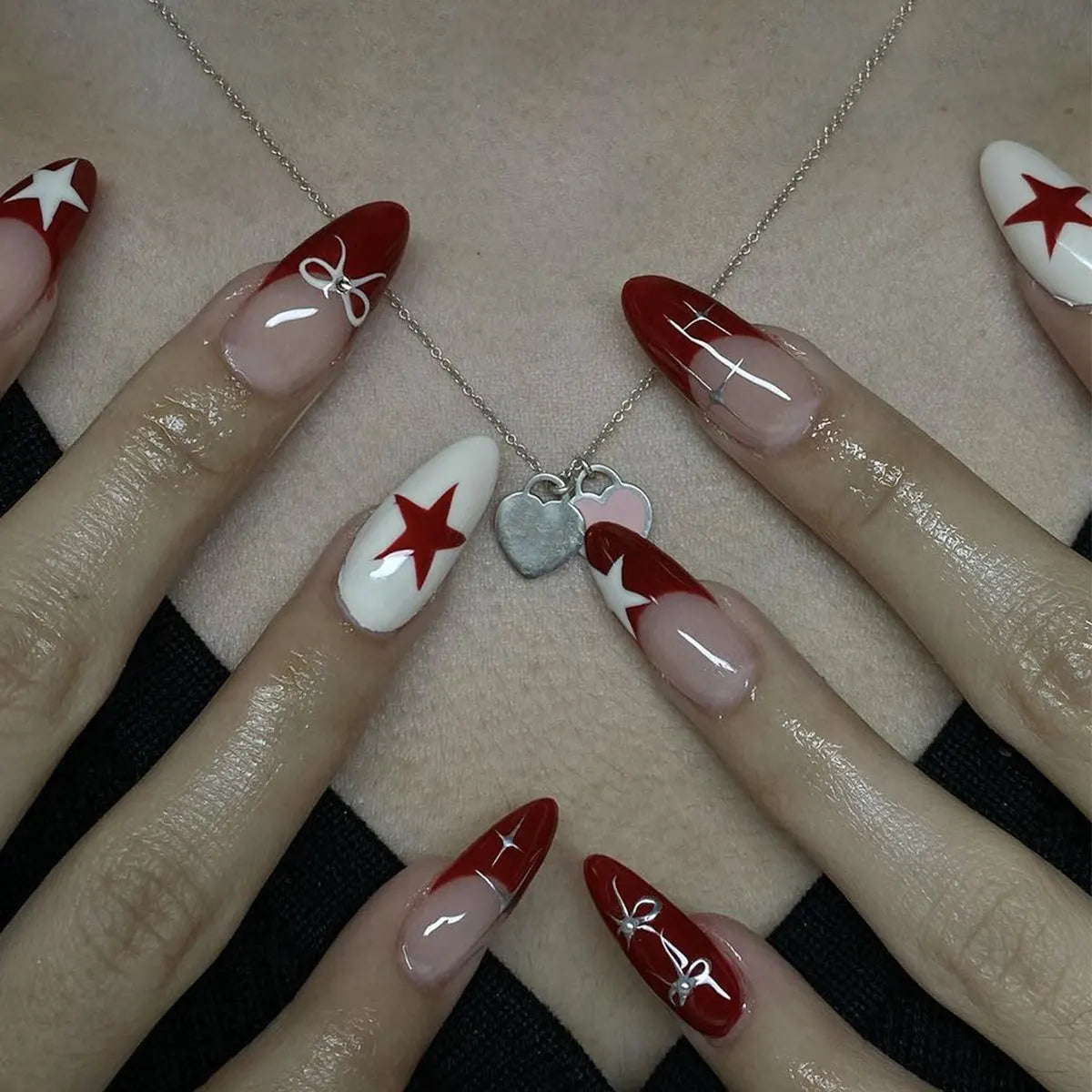 24Pcs Long Almond Press on Nails Y2K Star Diamond Designs