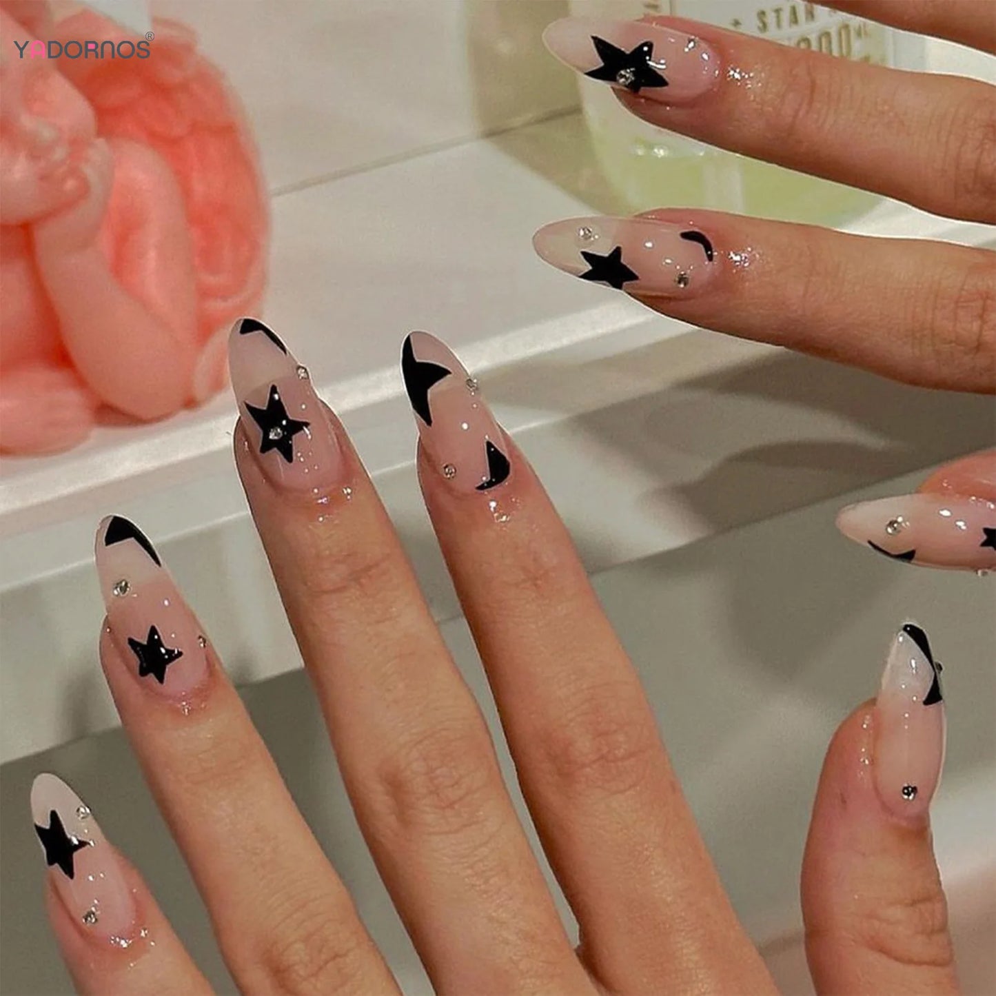 24Pcs Long Almond Press on Nails Y2K Star Diamond Designs