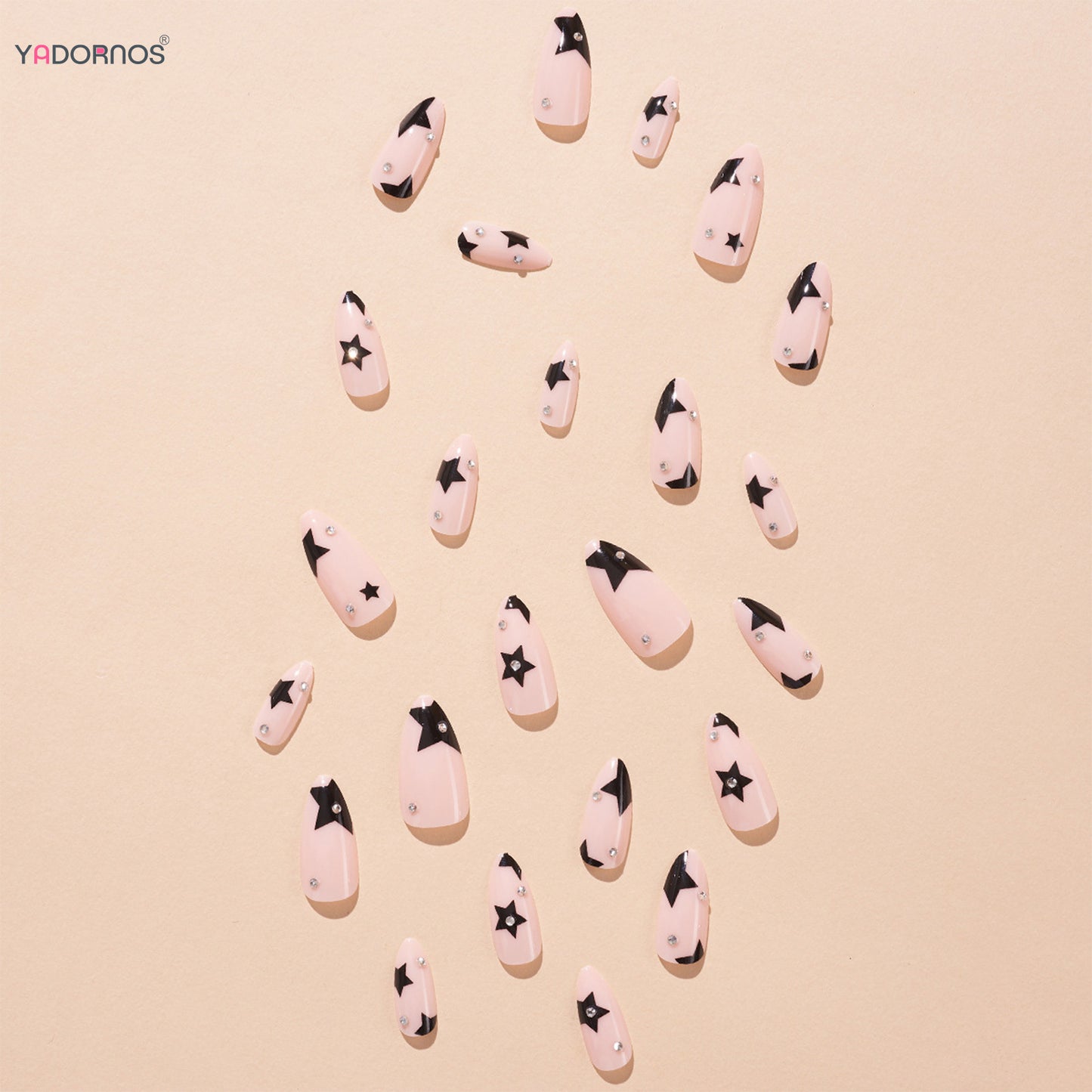 24Pcs Long Almond Press on Nails Y2K Star Diamond Designs