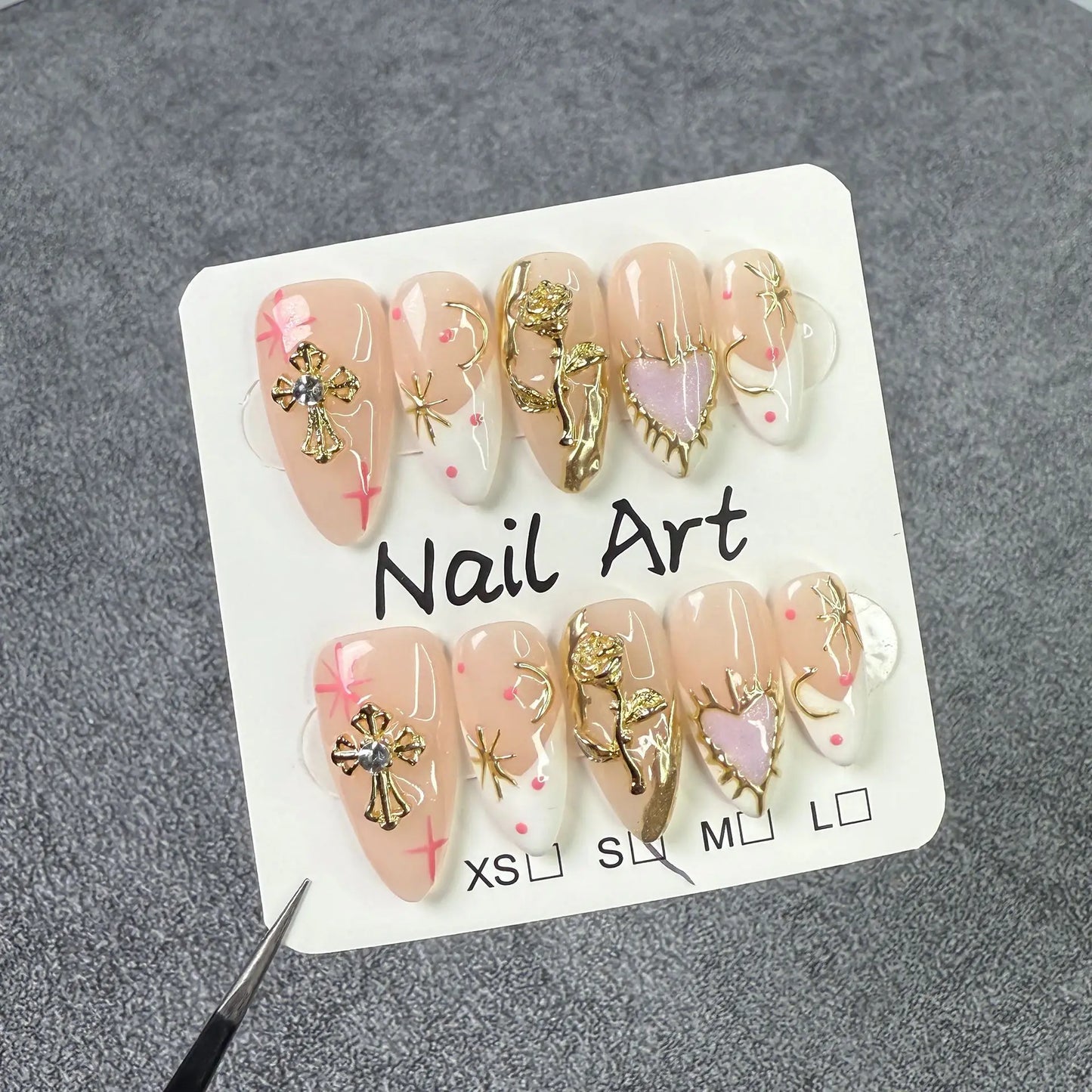 10pcs Handmade White and Gold Diamond Design Almond Press on Nails