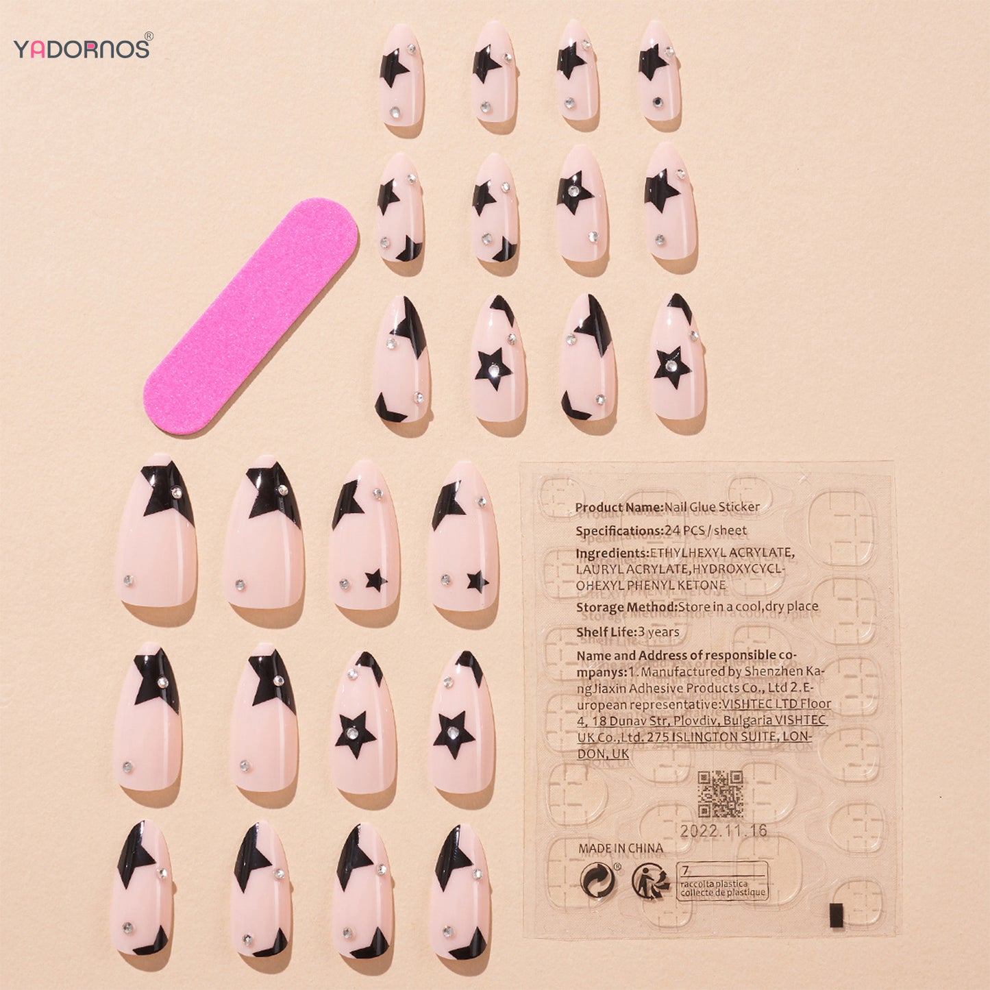 24Pcs Short Almond Press on Nails Y2K Star Diamond Designs