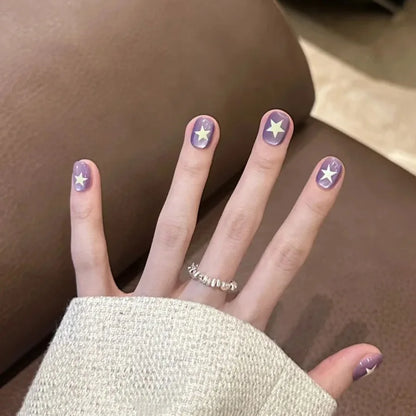 24Pcs Short Almond Press on Nails Y2K Star Diamond Designs