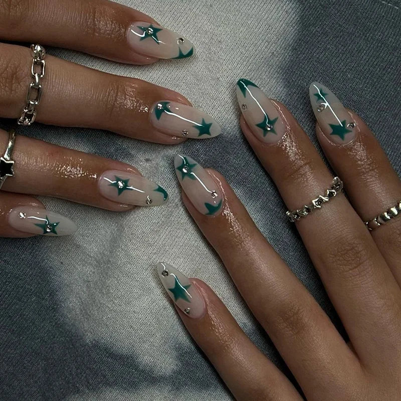 24Pcs Long Almond Press on Nails Y2K Star Diamond Designs