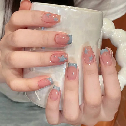24Pcs Long Almond Press on Nails Y2K Star Diamond Designs