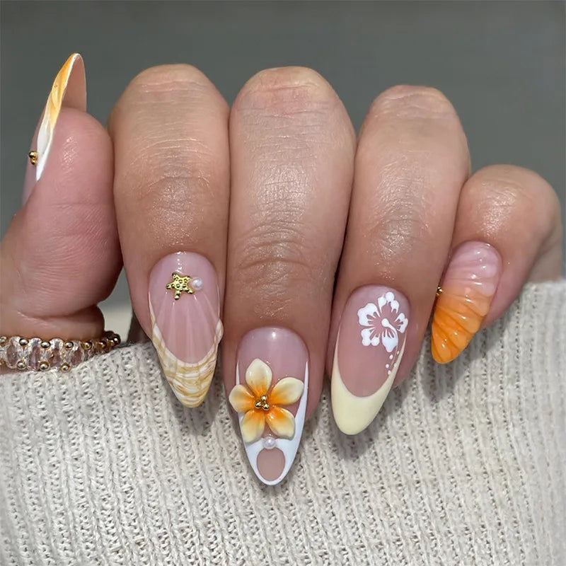 24pcs Flower Themed Mid-length Almond Press on Nails