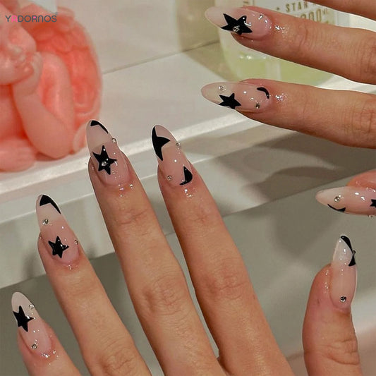 24Pcs Long Almond Press on Nails Y2K Star Diamond Designs