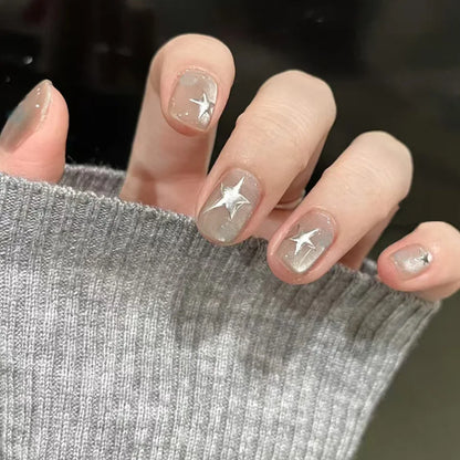 24Pcs Long Almond Press on Nails Y2K Star Diamond Designs