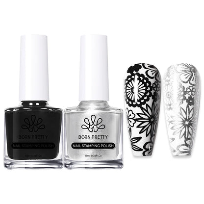 BORN PRETTY 2Pcs/Set 10ML Black and White Stamping Nail Polish
