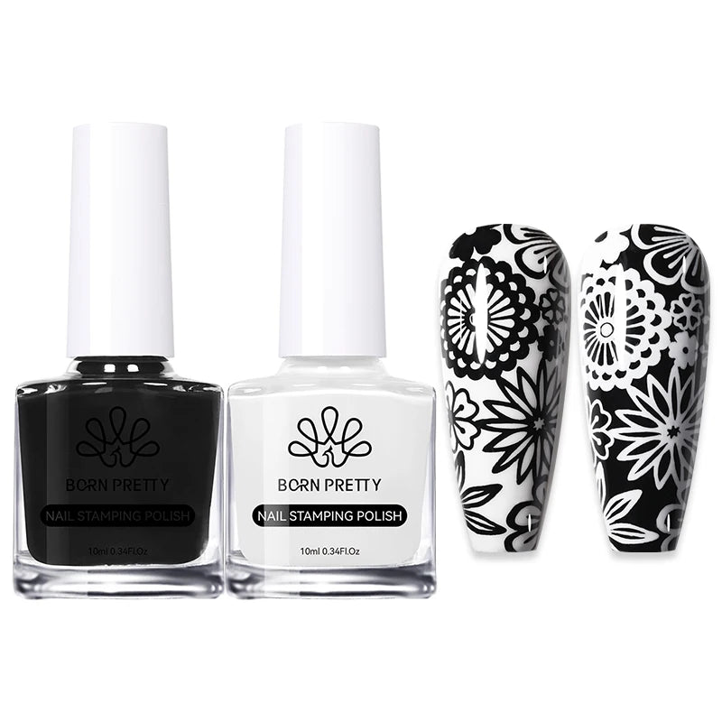 BORN PRETTY 2Pcs/Set 10ML Black and White Stamping Nail Polish