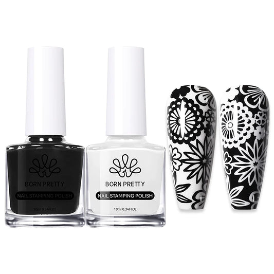 BORN PRETTY 2Pcs/Set 10ML Black and White Stamping Nail Polish