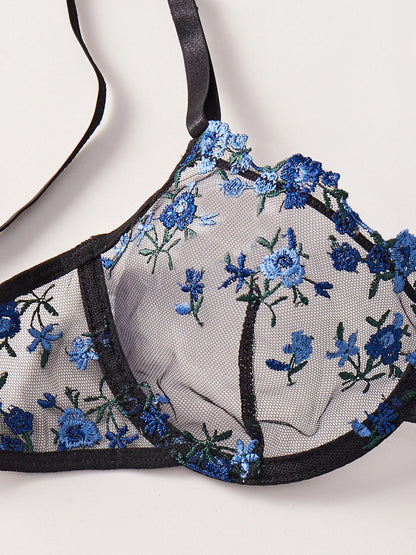 Heart Rhinestone Floral Underwear Set