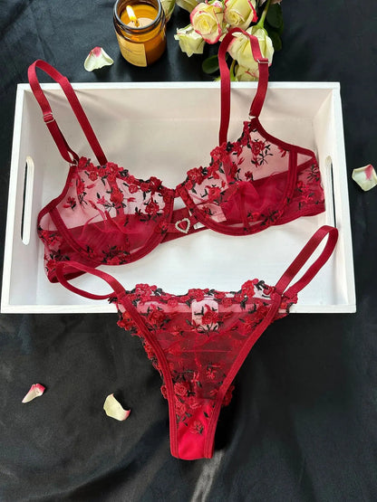 Heart Rhinestone Floral Underwear Set