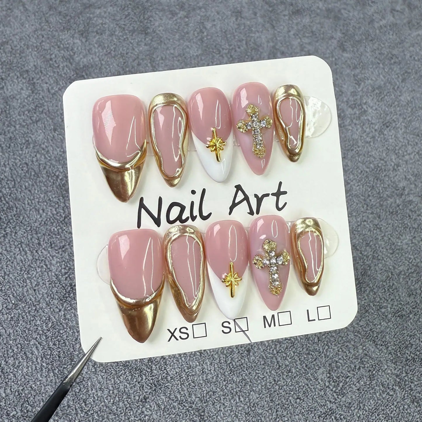 10pcs Handmade White and Gold Diamond Design Almond Press on Nails