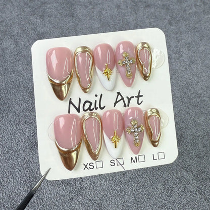 10pcs Handmade White and Gold Diamond Design Almond Press on Nails