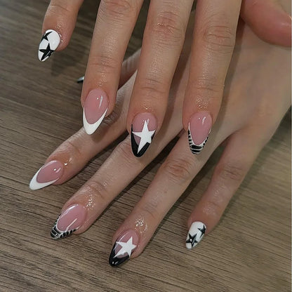 24Pcs Short Almond Press on Nails Y2K Star Diamond Designs