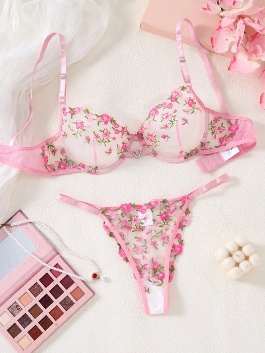 Heart Rhinestone Floral Underwear Set