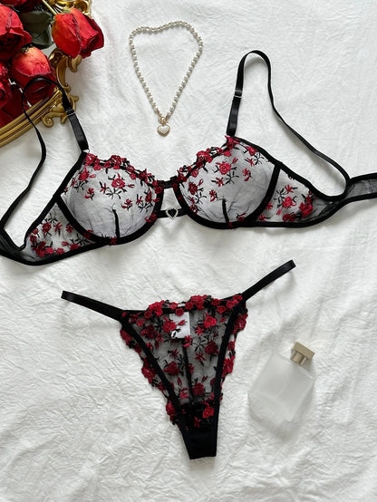 Heart Rhinestone Floral Underwear Set