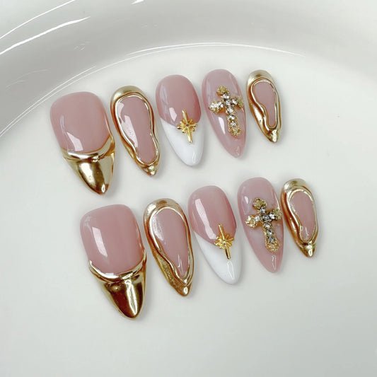 10pcs Handmade White and Gold Diamond Design Almond Press on Nails