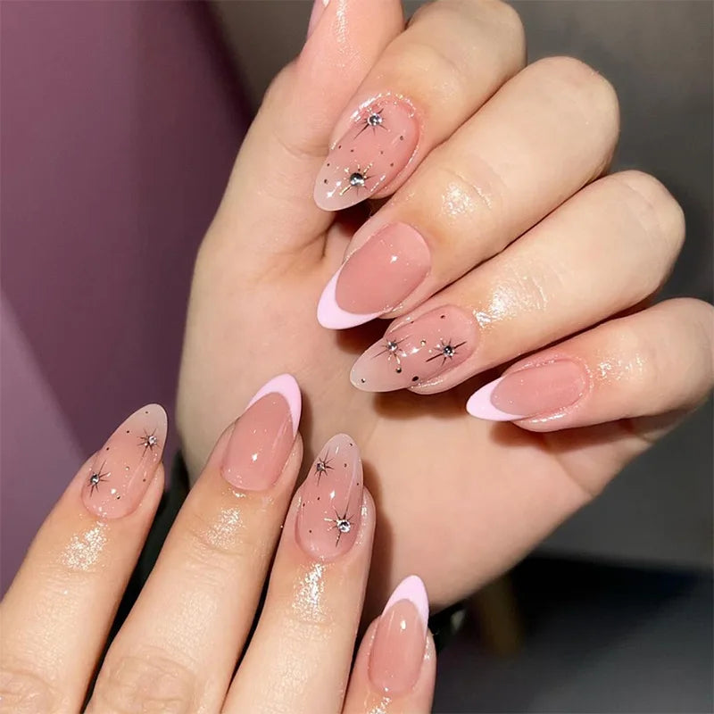 24Pcs Long Almond Press on Nails Y2K Star Diamond Designs