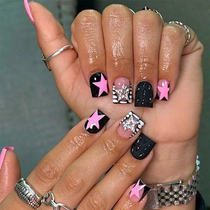 24Pcs Long Almond Press on Nails Y2K Star Diamond Designs
