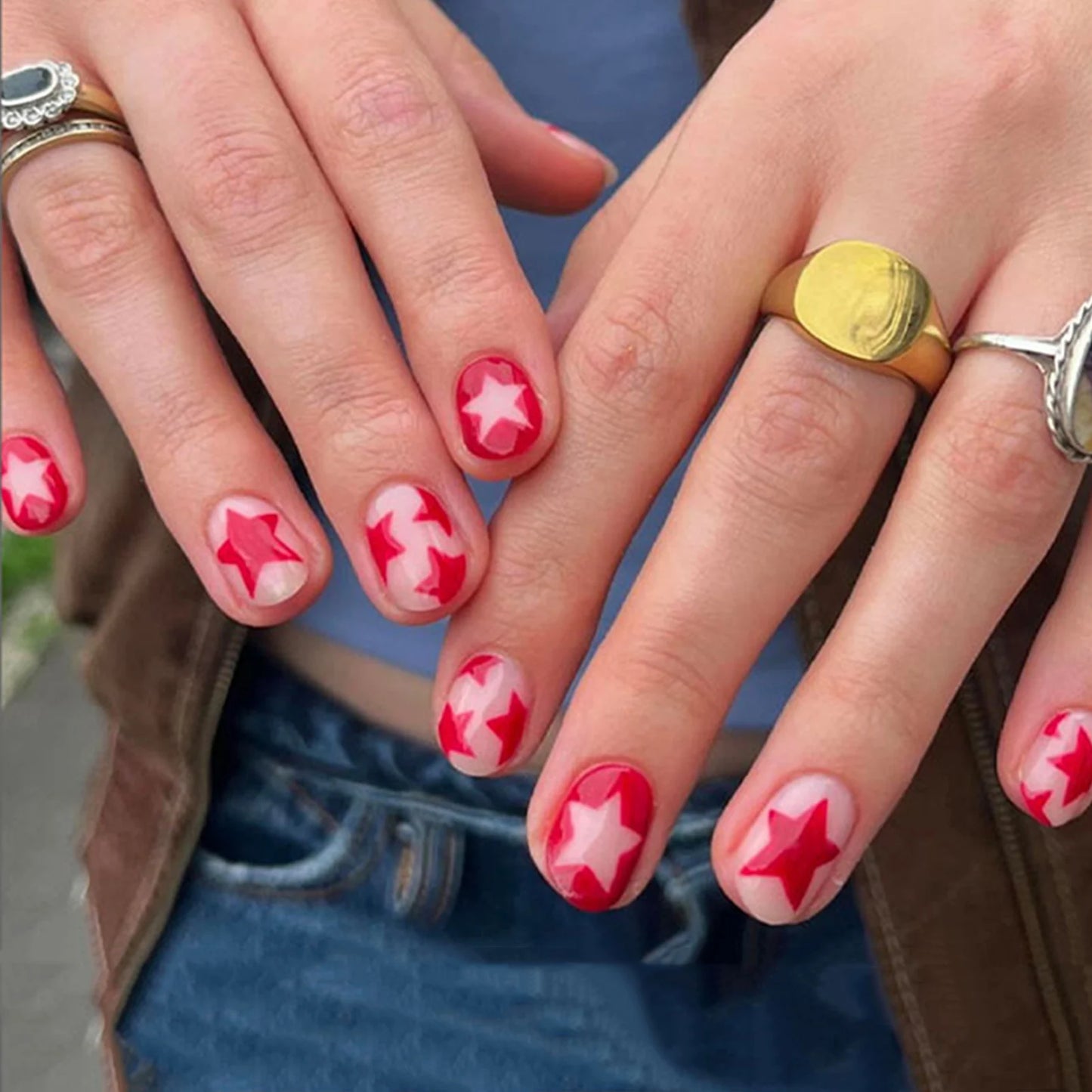 24Pcs Long Almond Press on Nails Y2K Star Diamond Designs