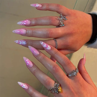 24Pcs Long Almond Press on Nails Y2K Star Diamond Designs