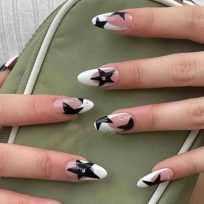24Pcs Long Almond Press on Nails Y2K Star Diamond Designs