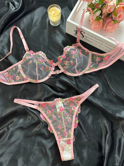 Heart Rhinestone Floral Underwear Set