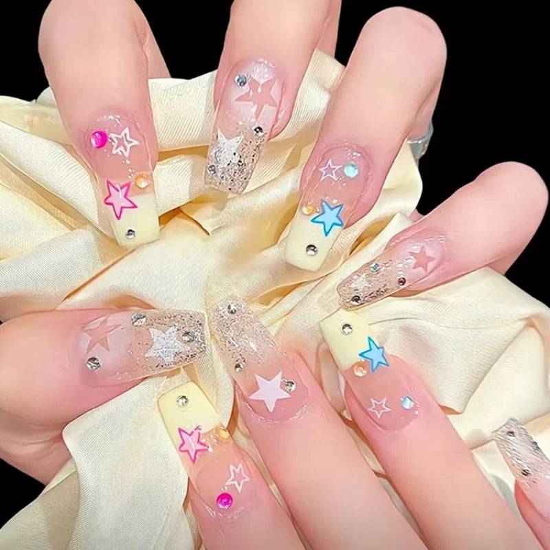 24Pcs Long Almond Press on Nails Y2K Star Diamond Designs