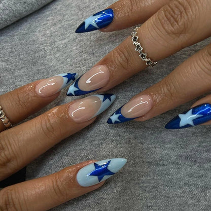 24Pcs Short Almond Press on Nails Y2K Star Diamond Designs