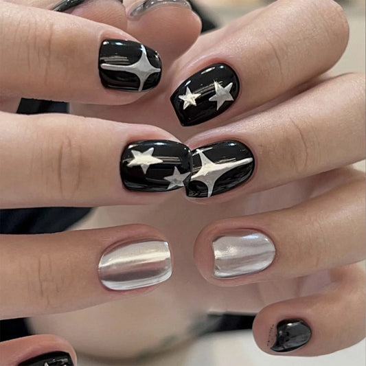 24Pcs Short Almond Press on Nails Y2K Star Diamond Designs