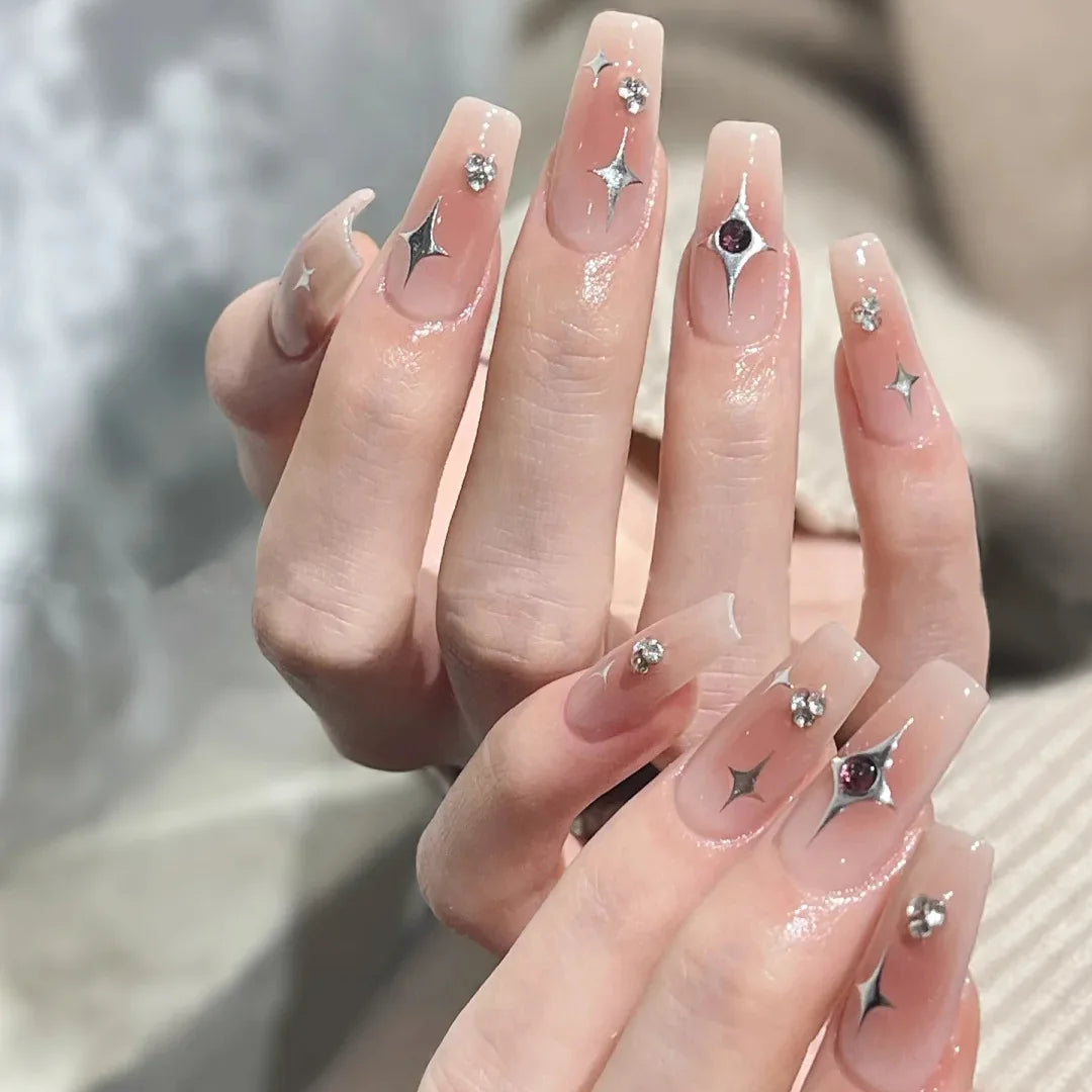 24Pcs Long Almond Press on Nails Y2K Star Diamond Designs