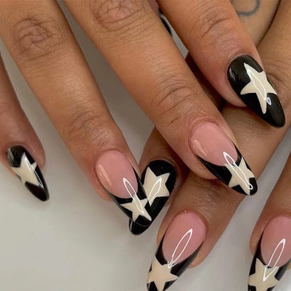 24Pcs Long Almond Press on Nails Y2K Star Diamond Designs