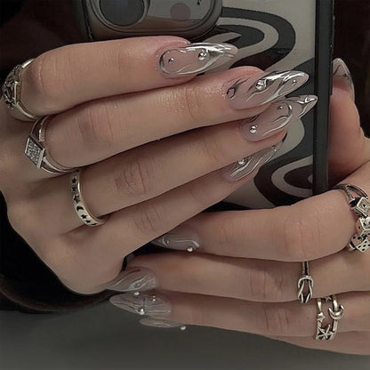 24Pcs Long Almond Press on Nails Y2K Star Diamond Designs