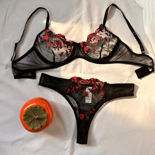 Embroidered Bows Lingerie Set