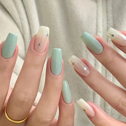 24Pcs Long Almond Press on Nails Y2K Star Diamond Designs