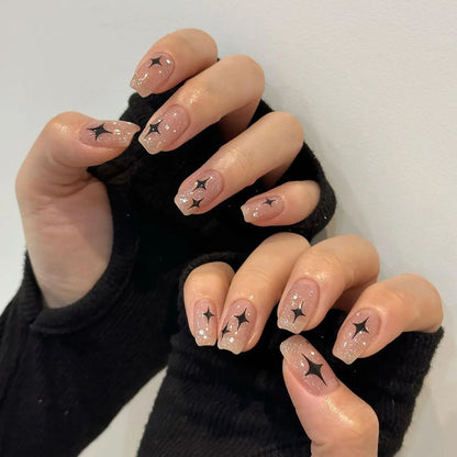 24Pcs Short Almond Press on Nails Y2K Star Diamond Designs