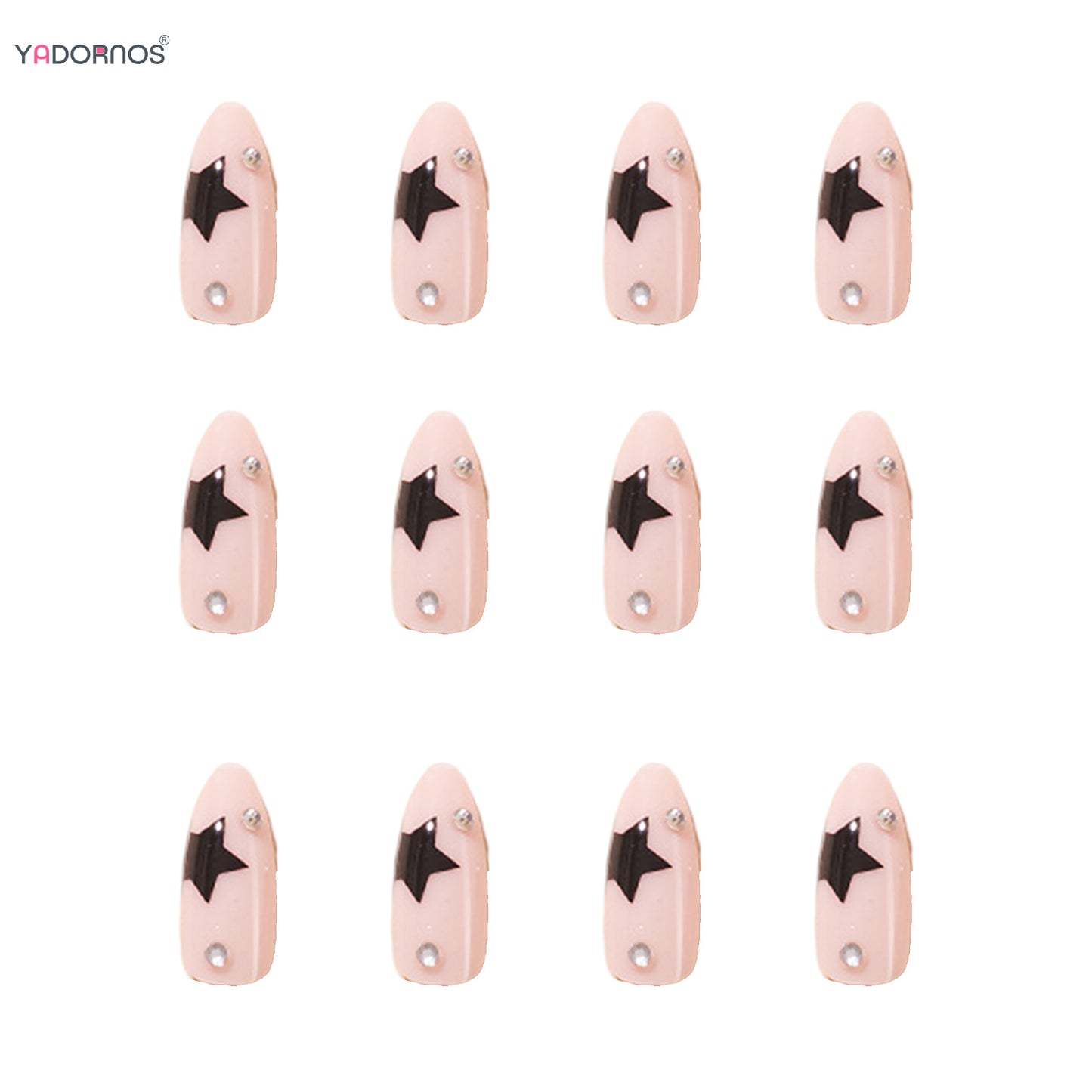 24Pcs Long Almond Press on Nails Y2K Star Diamond Designs