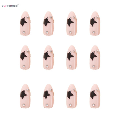 24Pcs Long Almond Press on Nails Y2K Star Diamond Designs