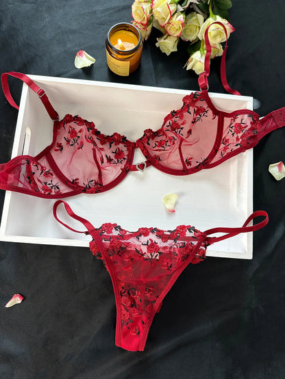 Heart Rhinestone Floral Underwear Set