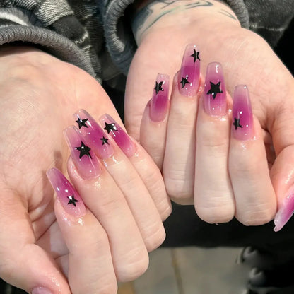 24Pcs Short Almond Press on Nails Y2K Star Diamond Designs