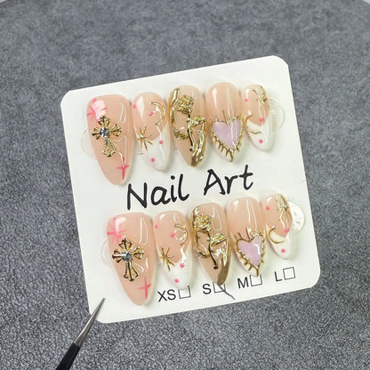 10pcs Handmade White and Gold Diamond Design Almond Press on Nails