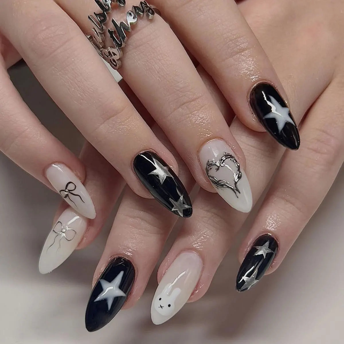 24Pcs Long Almond Press on Nails Y2K Star Diamond Designs