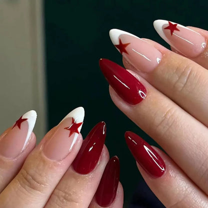 24Pcs Short Almond Press on Nails Y2K Star Diamond Designs