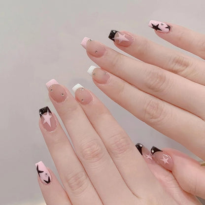 24Pcs Short Almond Press on Nails Y2K Star Diamond Designs