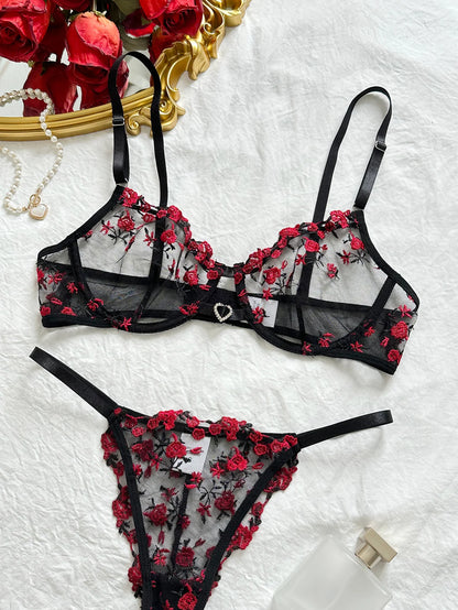 Heart Rhinestone Floral Underwear Set