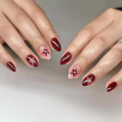 24Pcs Long Almond Press on Nails Y2K Star Diamond Designs