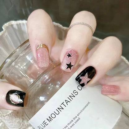 24Pcs Long Almond Press on Nails Y2K Star Diamond Designs