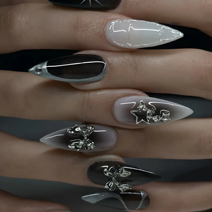 24Pcs Long Almond Press on Nails Y2K Star Diamond Designs
