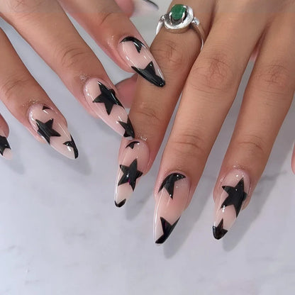 24Pcs Long Almond Press on Nails Y2K Star Diamond Designs